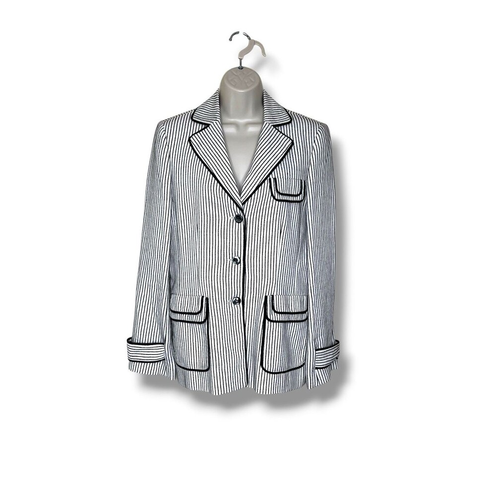 Black White Linen Blend Textured Pinstripe Blazer Jacket Contrast Trim Women 8